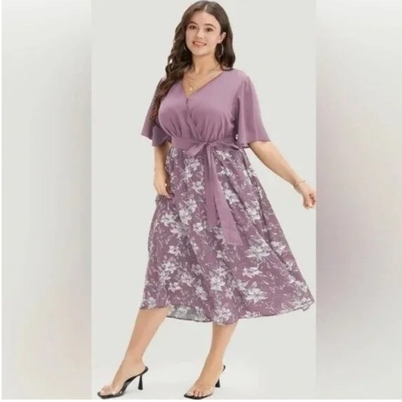 BloomChic Plus Size Floral Patchwork Pocket Belt Surplice Neck Ruffle Hem Dress - Picture 1 of 3